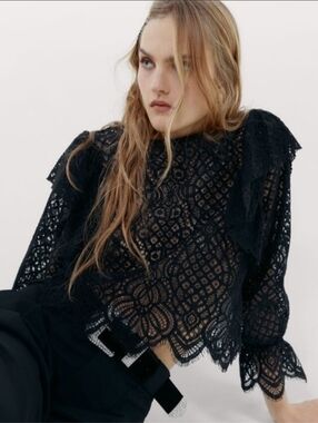 Zara Black Lace Long-Sleeve Crop Top Size S